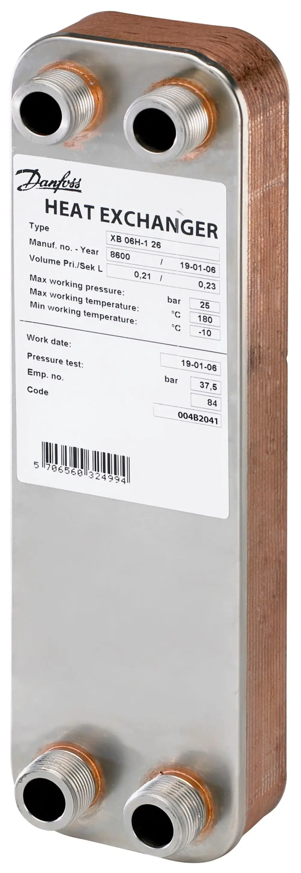 Wärmeübertrager aus Edelstahl mit mehreren Anschlussmöglichkeiten, ausgestattet mit einem Typenschild von Danfoss, das technische Angaben zu Druck und Temperatur enthält.